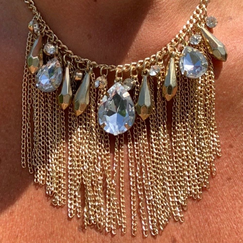 Gold Chain Fringe Circle Bib Style Jewel Necklace